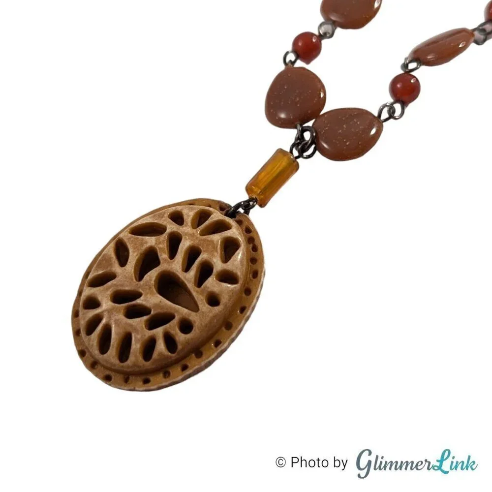 Vintage Bohemian Faux Goldstone Beaded Carved Pendant Necklace